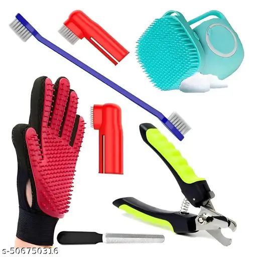 Dogs Grooming Kit – Dog Shampoo Brush 80ml, Nail Cutter, Tooth Brush and Glove for Puppy, Cat and Kitten – Combo of 7